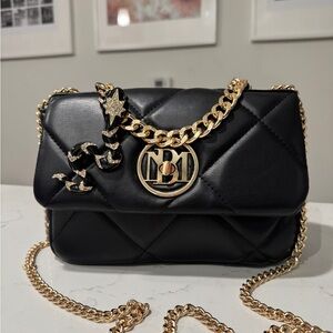 Black Quilted Gold Tone Chain Bag & Snake brooch